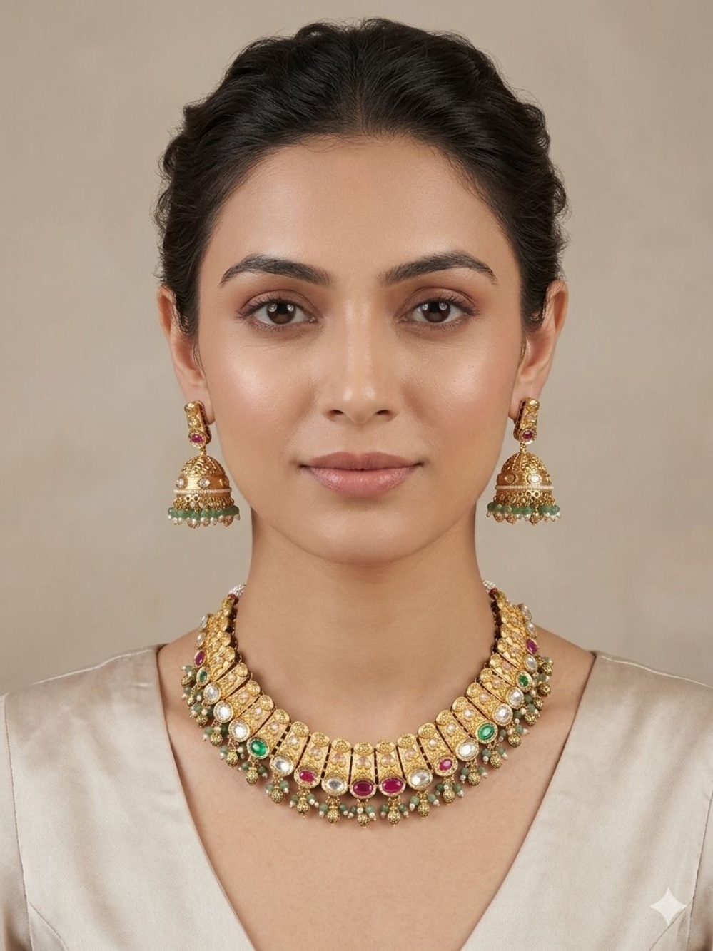 Gold-Tone Multistone Traditional Necklace & Jhumka Earrings Set